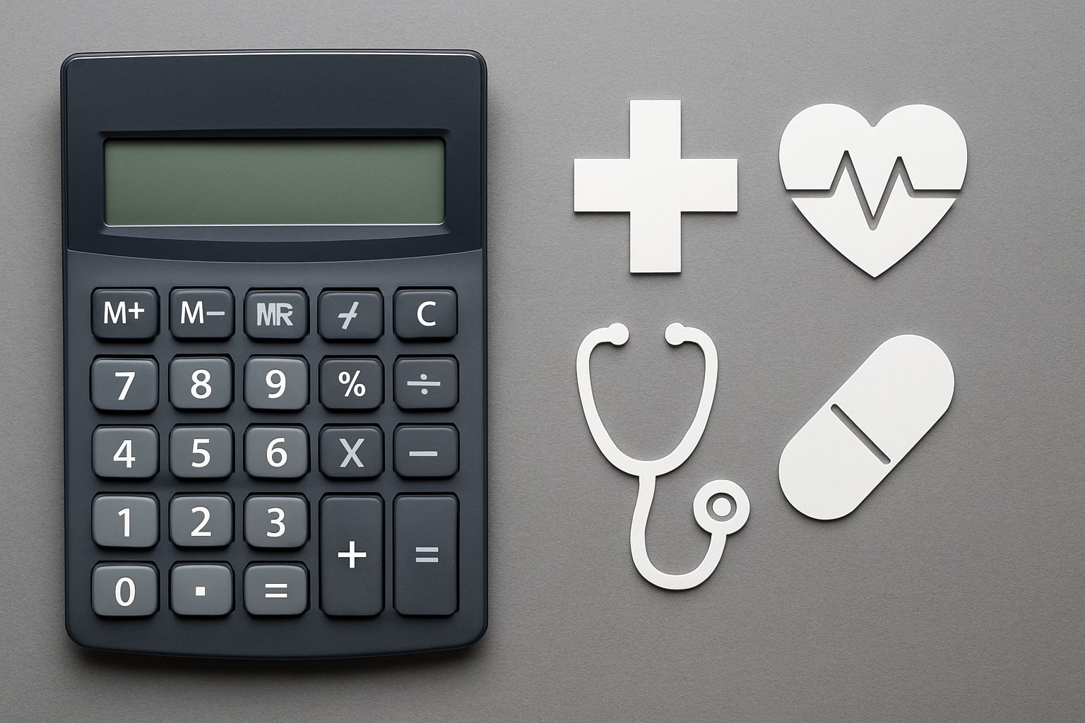 calculator and medical symbols including a stethoscope, heart, and pill