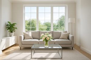 A bright and inviting living room with a beige sofa and a glass coffee table, featuring a vase of white and peach roses,